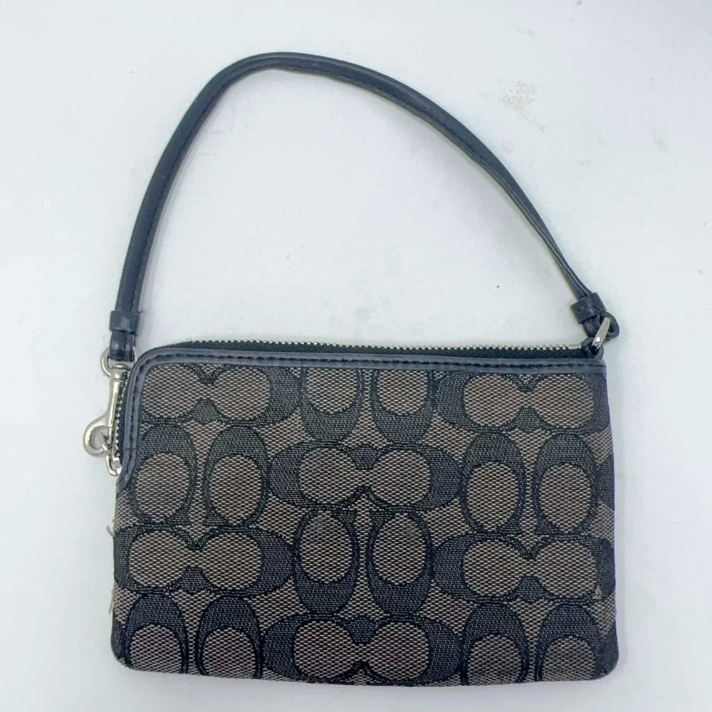 Coach 64233 Signature Corner Zip Wristlet Black Smoke Canvas Midnight Navy Blue